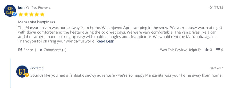  praising features and owner support for a great camping trip.|Marcie's glowing 5-star online review of an RV rental trip in a Sprinter van — photo 15