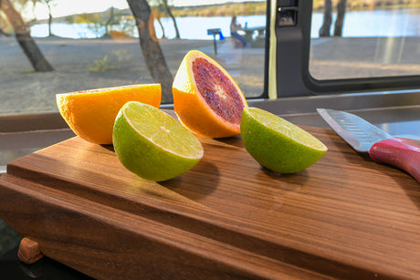 Preparing fresh citrus in an RV rental kitchen, with a scenic lake and trees visible outside. Healthy living on the road.