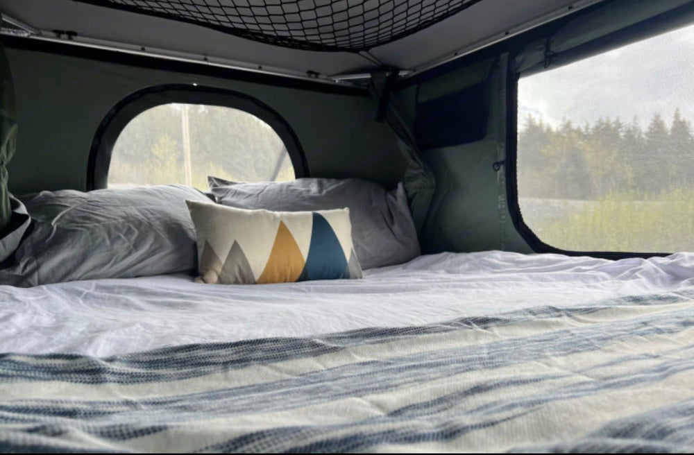  on a beach by the ocean and mountains. Perfect for adventure!|Adventure-ready dark green pickup with a Thule Tepui rooftop tent and ladder