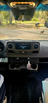Inside an RV rental: Mercedes-Benz dashboard and infotainment screen (startup warning), hand sanitizer, plus a dog playing outside.