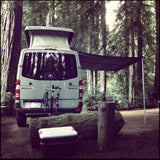 RV rental camper van with pop-top & awning in a tall forest campsite. Ideal for nature road trips.