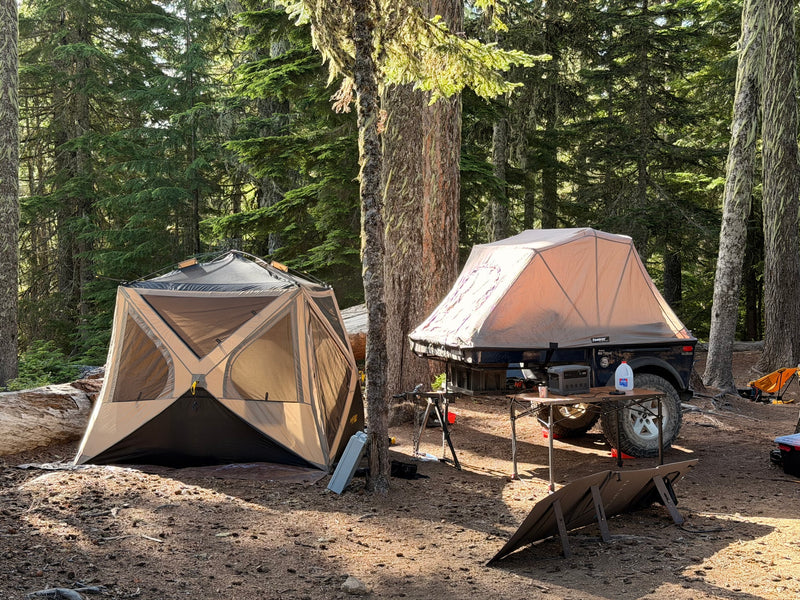 Forest campsite with an overland trailer, a tent, and solar setup. Great for an RV rental outdoor adventure. — photo 19