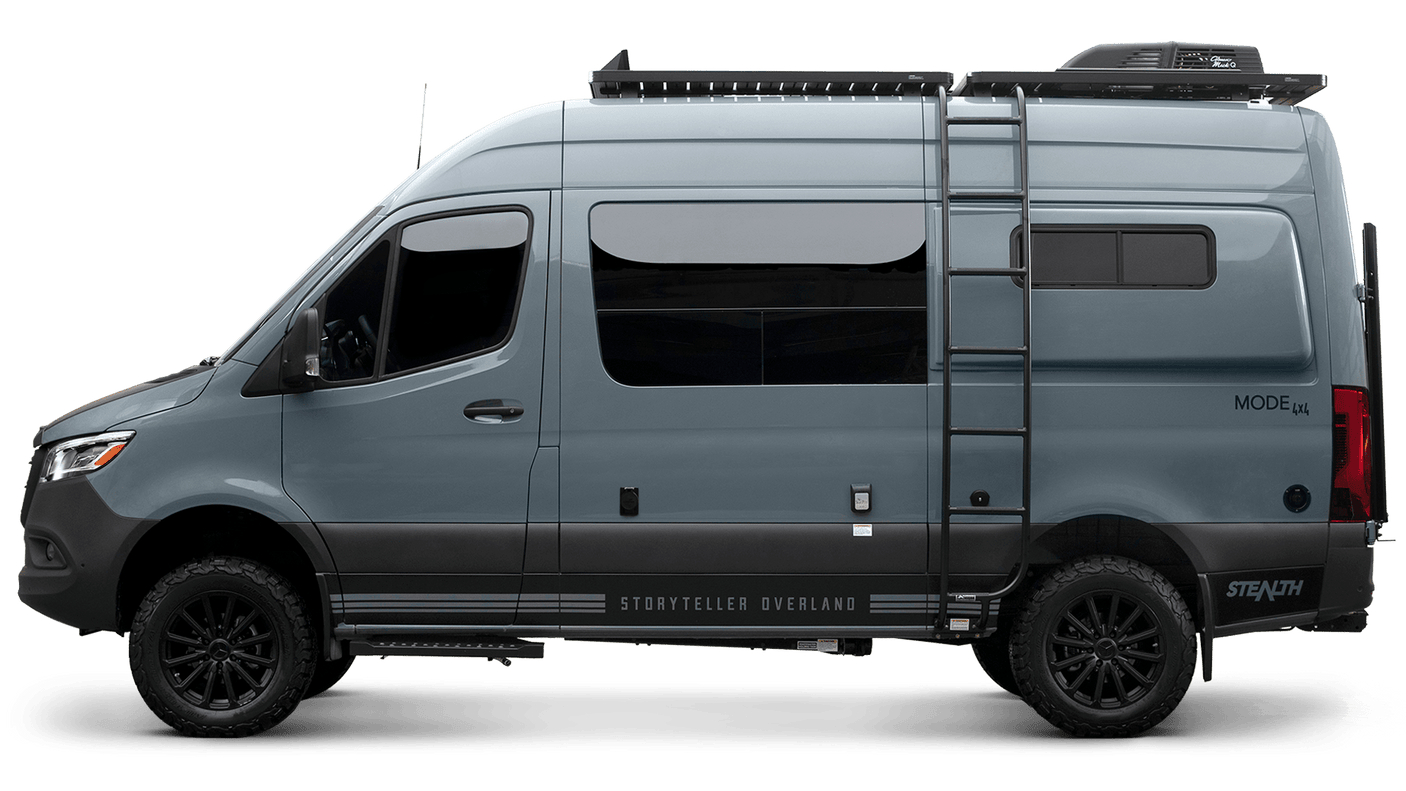 Gray off-road Sprinter camper van with roof rack & ladder. An ideal rv rental for outdoor adventures.