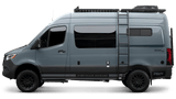 Gray off-road Sprinter camper van with roof rack & ladder. An ideal rv rental for outdoor adventures.