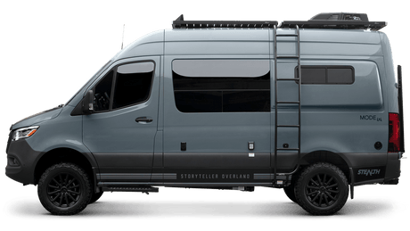 Gray off-road Sprinter camper van with roof rack & ladder. An ideal rv rental for outdoor adventures.