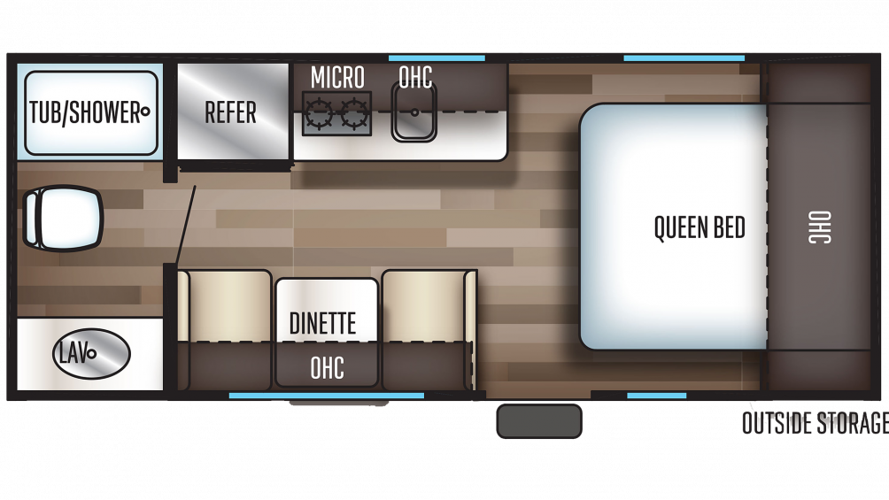 RV rental floor plan: queen bed, dinette, kitchen (micro/refer), tub/shower, lav. Compact travel trailer layout.