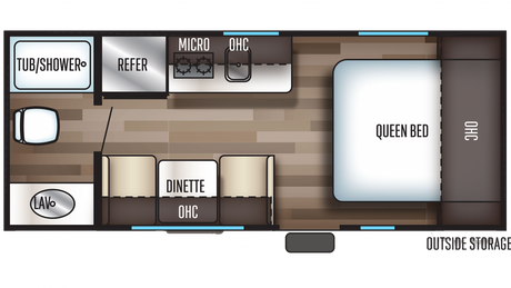 RV rental floor plan: queen bed, dinette, kitchen (micro/refer), tub/shower, lav. Compact travel trailer layout.