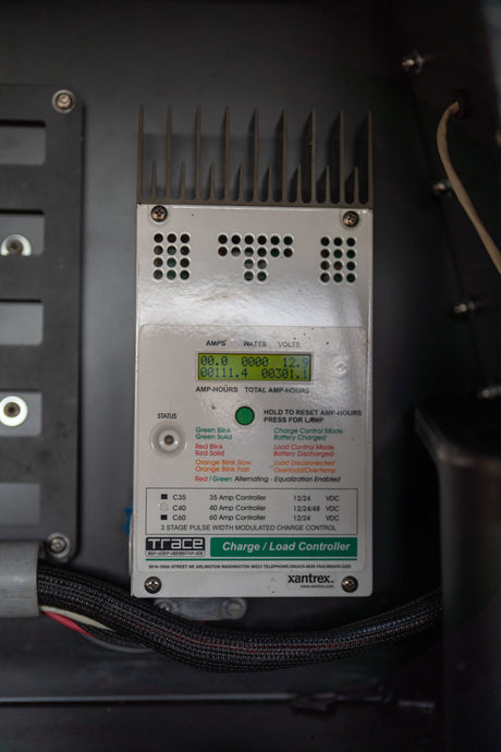 Charge controller in an RV rental displaying electrical stats like volts and amp-hours.
