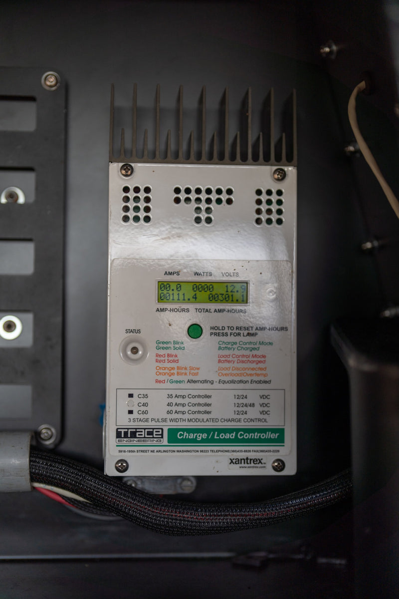 Charge controller in an RV rental displaying electrical stats like volts and amp-hours. — photo 7