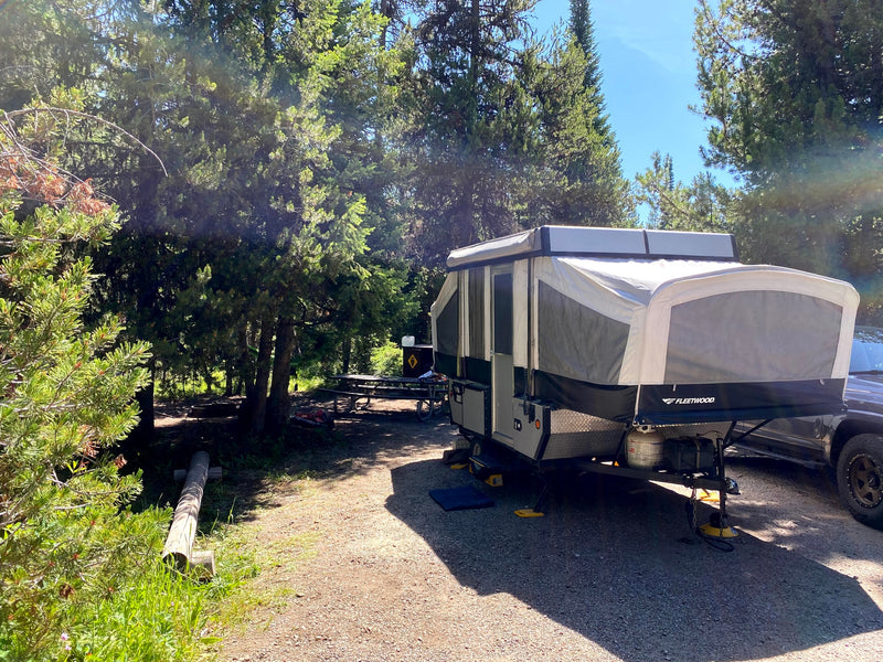 Pop-up camper set up at a scenic rv rental campsite with a picnic table and lush green trees. — photo 1