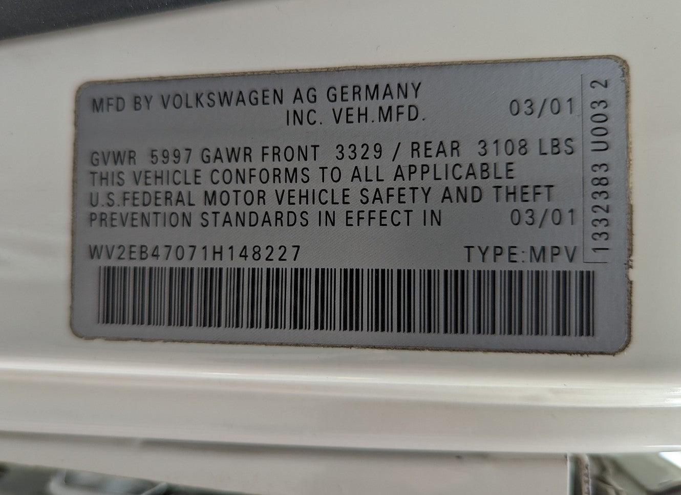 A Volkswagen vehicle certification label, ideal for an RV rental fleet, showing the VIN, manufacturing date, and weight ratings.