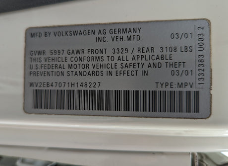 A Volkswagen vehicle certification label, ideal for an RV rental fleet, showing the VIN, manufacturing date, and weight ratings.