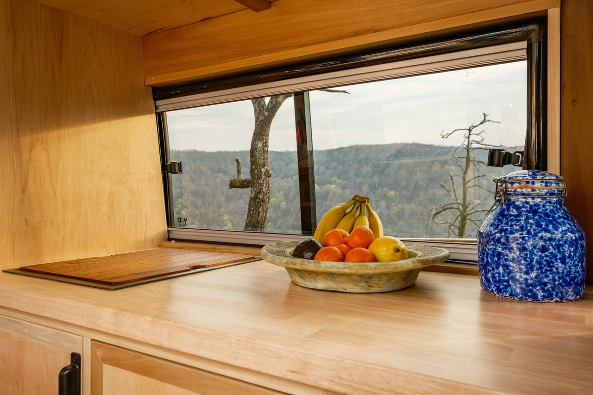 Inside an **rv rental**: Fresh fruit on a wood counter, framed by a window overlooking a lush, wooded valley. — photo 11