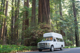 White RV rental van on a scenic road within a towering redwood forest. Ideal for nature travel and exploration.