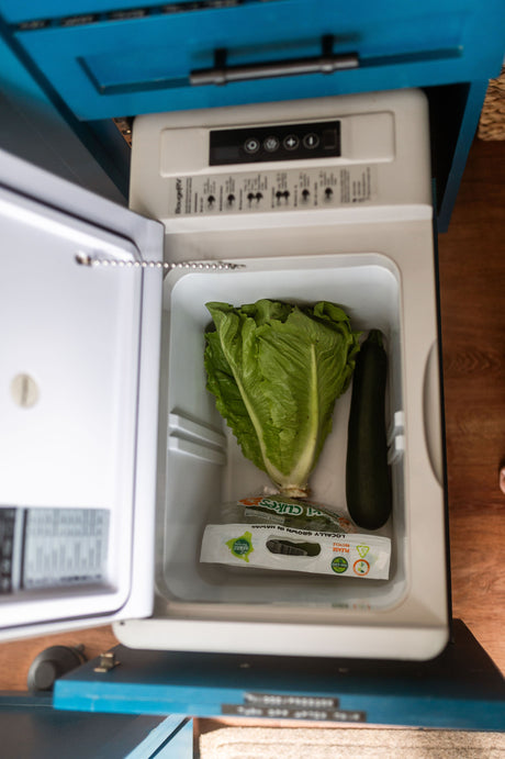 Inside an RV rental's compact fridge: fresh lettuce, zucchini, and Hawaiian cucumbers, ready for healthy meals on the go.