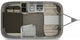 RV rental interior floor plan: a top-down view showing a bed, kitchen, and dinette areas.