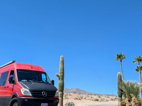 Exploring the desert landscape! A red Sprinter van RV rental alongside tall saguaro cactus & palm trees under a clear blue sky.