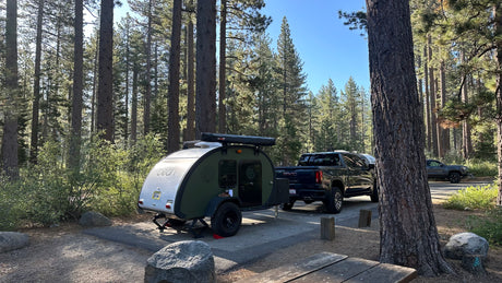 A distinctive green Bean teardrop RV rental with a GMC pickup truck, parked in a sunny pine forest campground.