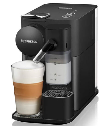 Sleek black Nespresso machine makes a layered latte, a cozy touch for home or your next RV rental adventure.