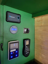 RV rental control station with battery monitor, heater, fan, and water heater controls. Essential for comfortable van life.