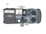 Explore this compact RV rental floor plan (44N) showing a power lift bed, all-in-one wet bath, kitchen, and dinette seating.