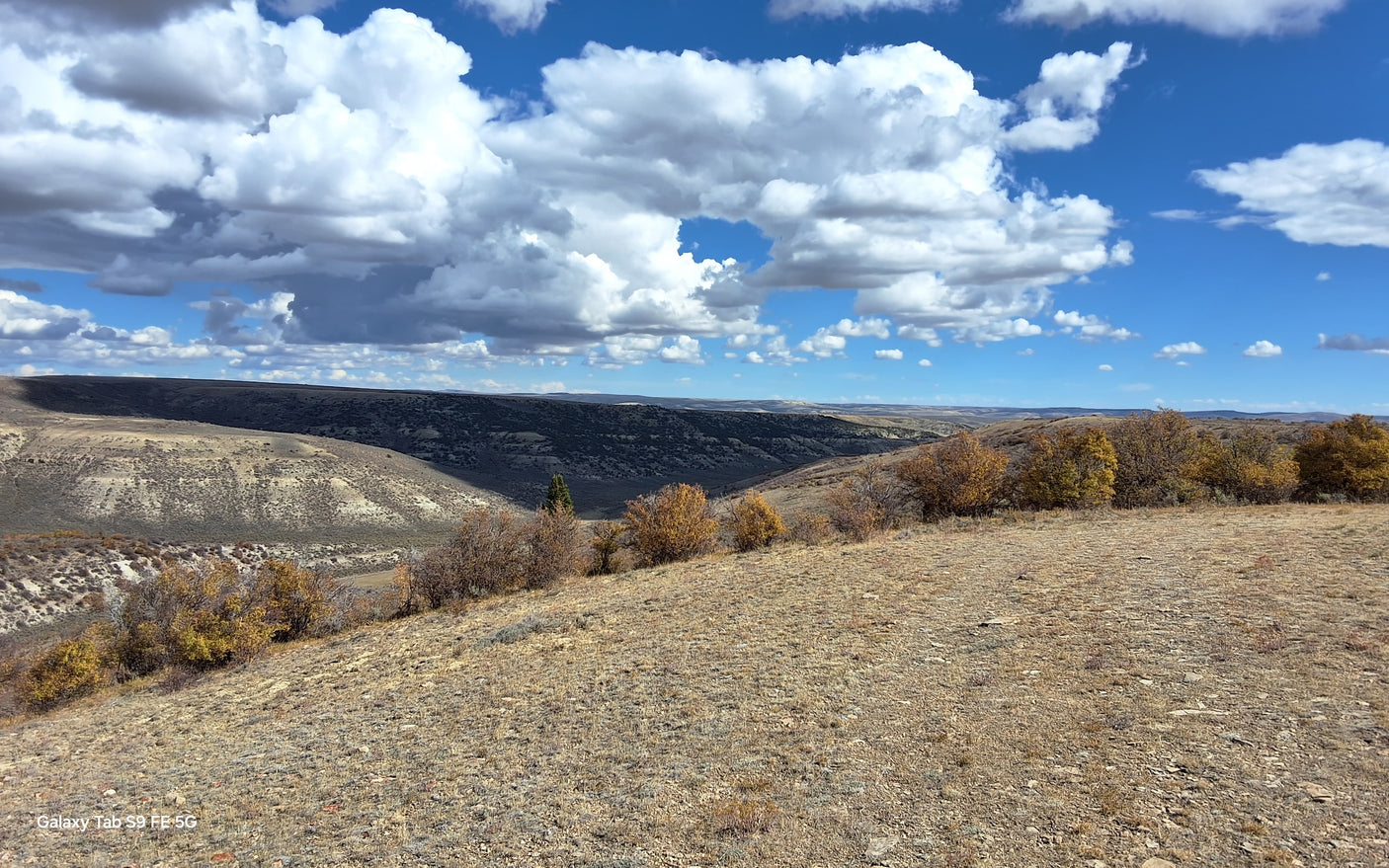 Scenic autumn landscape, ideal for an RV rental adventure. Rolling hills, big skies, and fall colors under bright clouds.