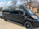 Black Ram 2500 ProMaster van, an excellent RV rental option, with custom wheels and running boards.