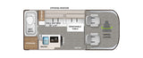 This RV rental floor plan shows a wet bath, pull-out bed, kitchen with micro & fridge, and front swivel chairs.
