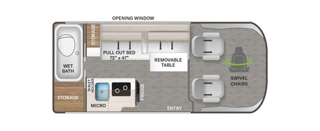 This RV rental floor plan shows a wet bath, pull-out bed, kitchen with micro & fridge, and front swivel chairs.