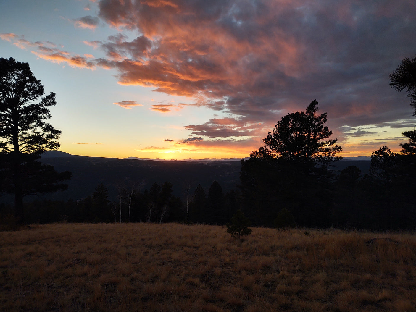 Imagine this view from your RV rental! A vibrant sunset paints the sky above mountain silhouettes & a golden field.