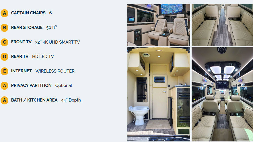 This RV rental showcases a luxurious interior with ergonomic captain chairs, multiple TVs, and a functional bath/kitchen, perfect for comfort.