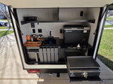 An RV rental's side compartment reveals a well-equipped outdoor kitchen with a sink, fridge, and griddle.