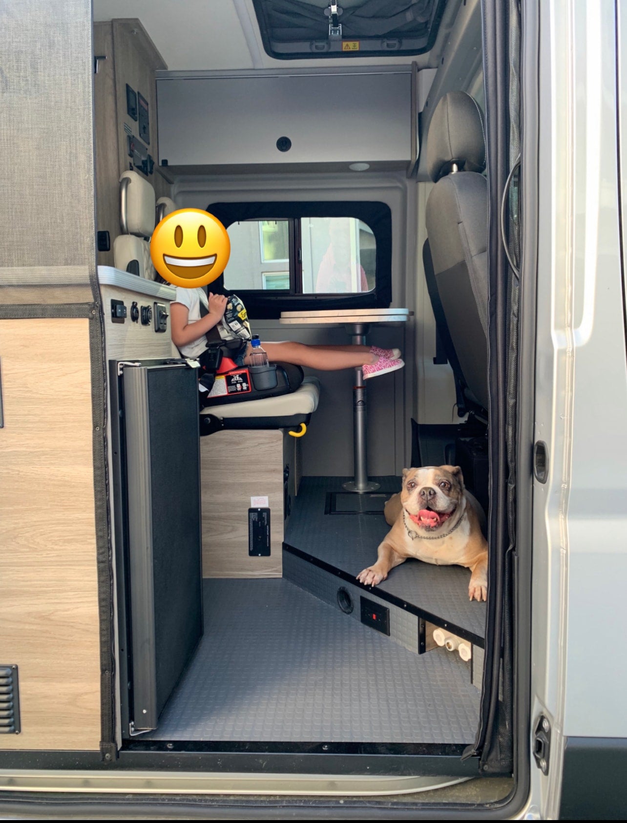 Inside a spacious RV rental: a bulldog and child relax in the modern camper van interior, ready for family adventures. — photo 19