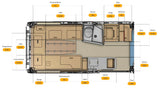 Detailed RV rental interior floor plan showcasing precise dimensions (inches) of kitchen, shower, fridge, and various benches.
