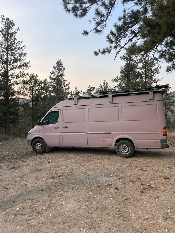 Unique pink Mercedes Sprinter camper van, ready for your next outdoor RV rental adventure, parked off-road among pine trees.