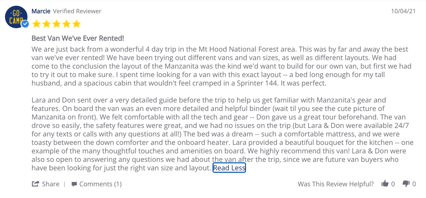 Marcie's glowing 5-star online review of an RV rental trip in a Sprinter van, highlighting excellent service and comfort.