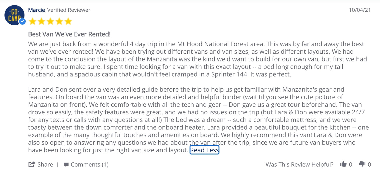 Marcie's glowing 5-star online review of an RV rental trip in a Sprinter van, highlighting excellent service and comfort.