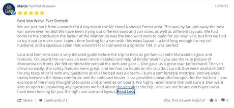 Marcie's glowing 5-star online review of an RV rental trip in a Sprinter van, highlighting excellent service and comfort.