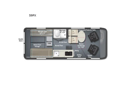 RV rental floorplan: efficient camper van layout with Murphy bed, wet bath, and versatile dining space.
