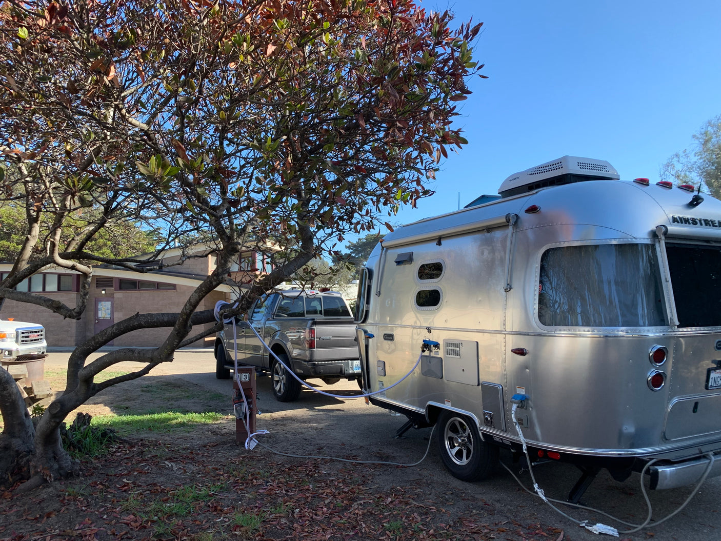 An Airstream rv rental and pickup truck are set up at a campsite, hooked to utilities under a tree. Ready for a nature getaway.