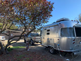 An Airstream rv rental and pickup truck are set up at a campsite, hooked to utilities under a tree. Ready for a nature getaway.