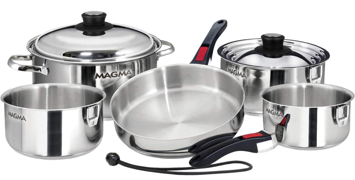 Compact stainless steel nesting cookware set with detachable handles, perfect for your RV rental kitchen.