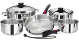 Compact stainless steel nesting cookware set with detachable handles, perfect for your RV rental kitchen.