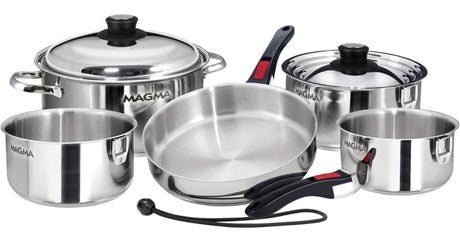 Compact stainless steel nesting cookware set with detachable handles, perfect for your RV rental kitchen.