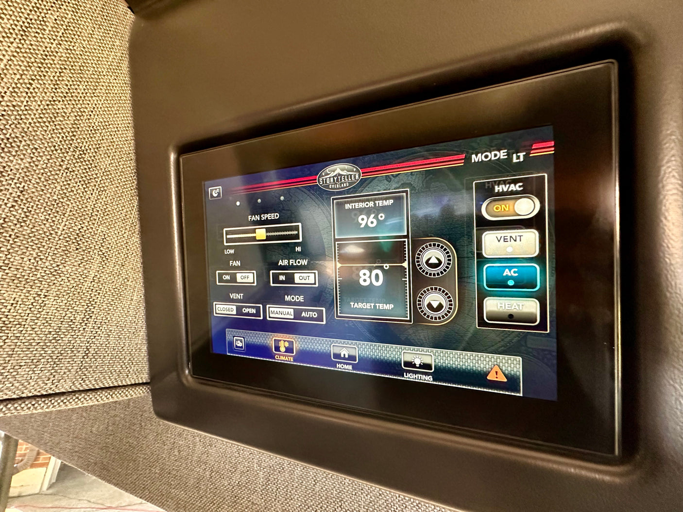 RV rental: Digital climate control shows 96° interior, 80° target temp. Adjust HVAC, fan, and vent settings on screen.
