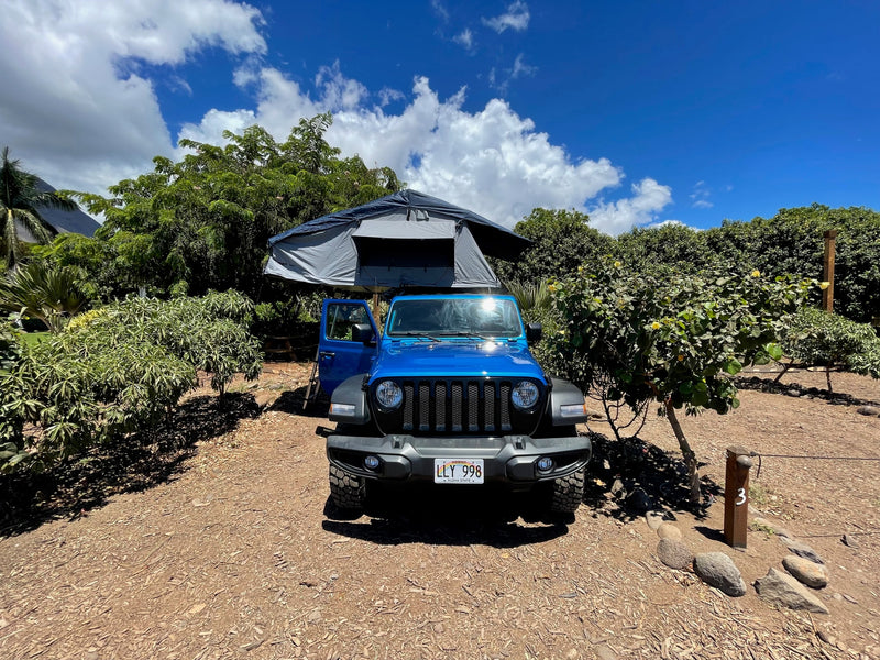 Blue Jeep with rooftop tent, a unique RV rental, parked under a sunny sky surrounded by lush greenery, ready for adventure. — photo 17