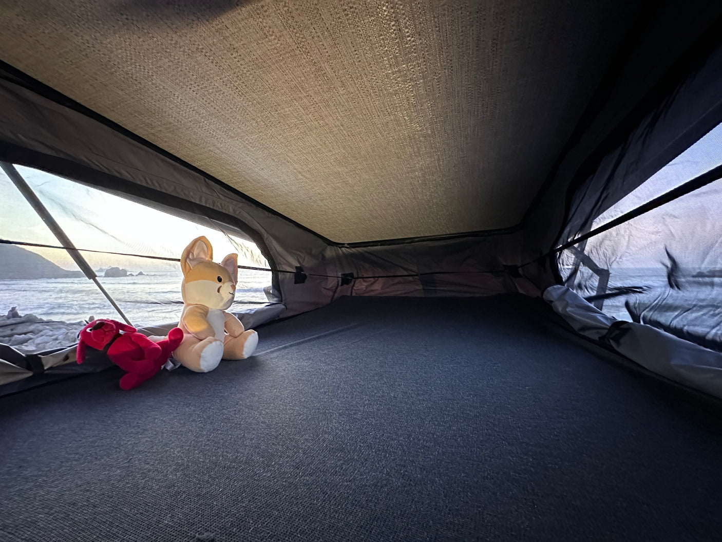 An rv rental's cozy interior, with two plush toys looking out at a stunning ocean sunset from a rooftop tent.