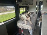 Cozy RV rental interior with two happy dogs on their beds, enjoying the roadside view. Ideal for pet-friendly travel.