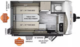 Detailed RV rental floor plan shows convertible twin beds (30"x74"), fridge, microwave, 32" TV, bathroom, and outdoor amenities.