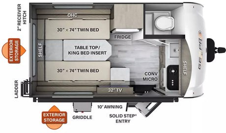 Detailed RV rental floor plan shows convertible twin beds (30"x74"), fridge, microwave, 32" TV, bathroom, and outdoor amenities.